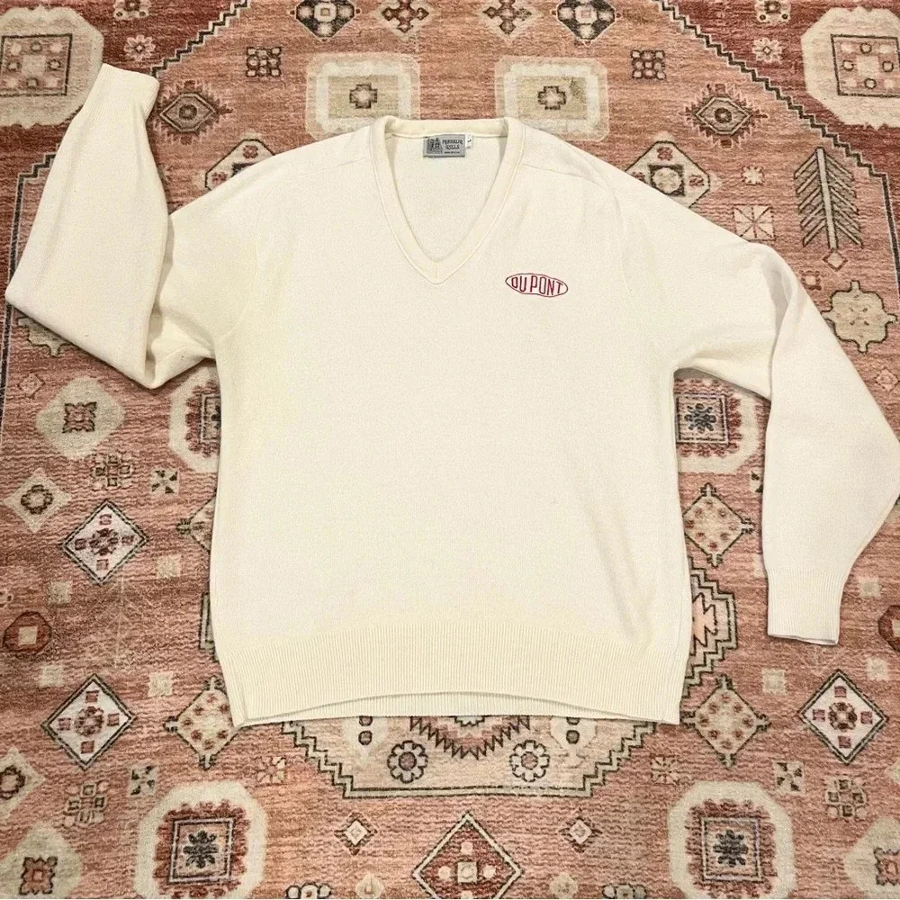 Vintage 80s Dupont Employee V-Neck Knit Sweater